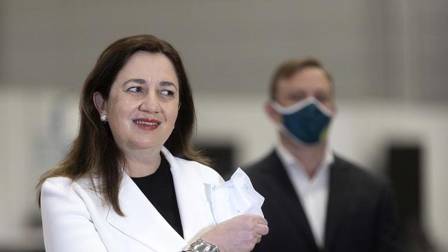 Former Queensland premier Annastacia Palaszczuk, with her then-deputy Steven Miles, announces a new mass vaccination hub in Brisbane in August 2021. Picture: Sarah Marshall