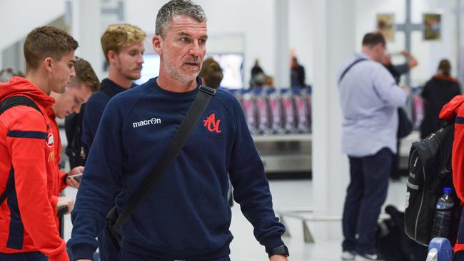 Adelaide United players arrive home from Perth after losing their semi-final, Saturday, May 11, 2019. Coach Marco Kurz. (Pic: AAP/Brenton Edwards)