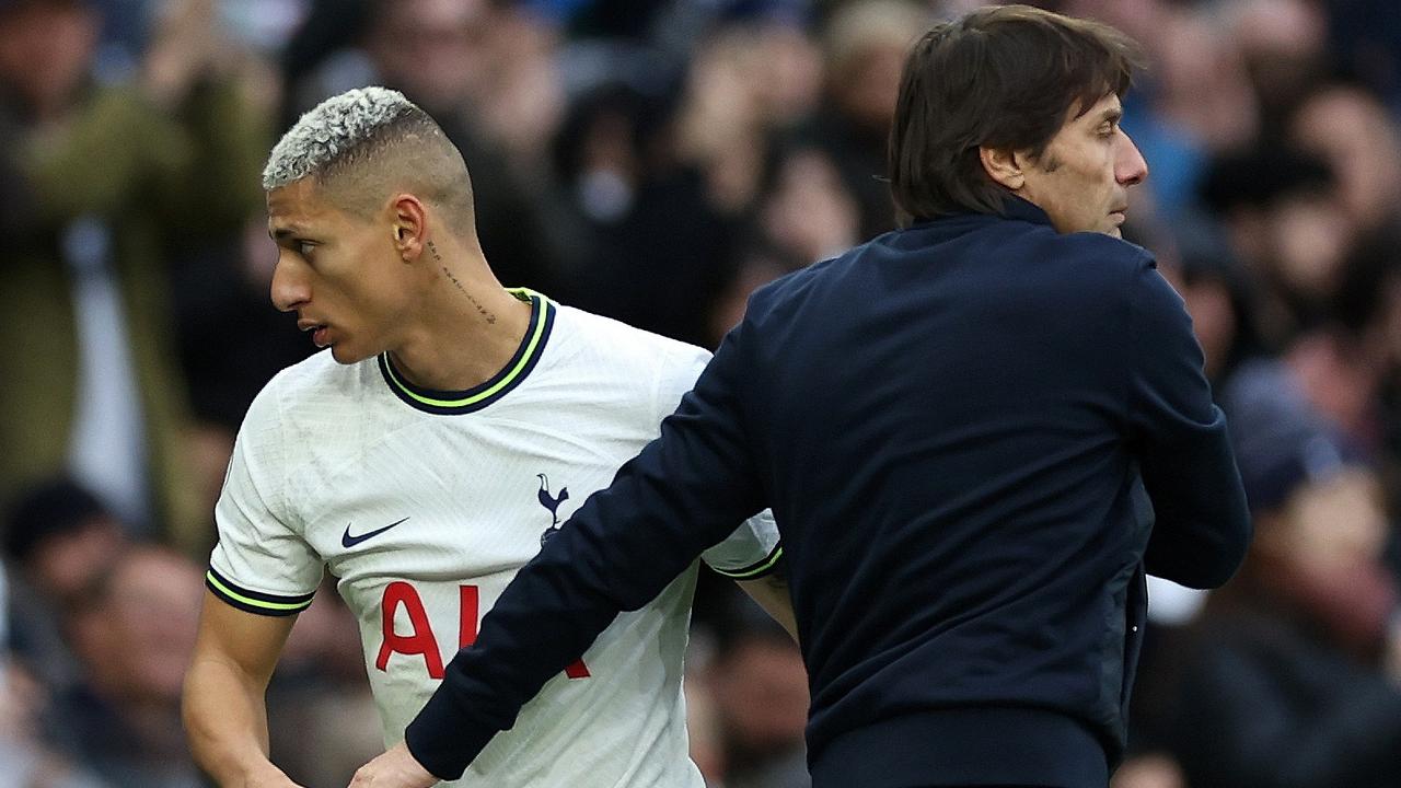 LONDON, ENGLAND – MARCH 11: Antonio Conte, manager of Tottenham Hotspur embraces Richarlison as he comes off as substitute during the Premier League match between Tottenham Hotspur and Nottingham Forest at Tottenham Hotspur Stadium on March 11, 2023 in London, England. (Photo by Catherine Ivill/Getty Images)