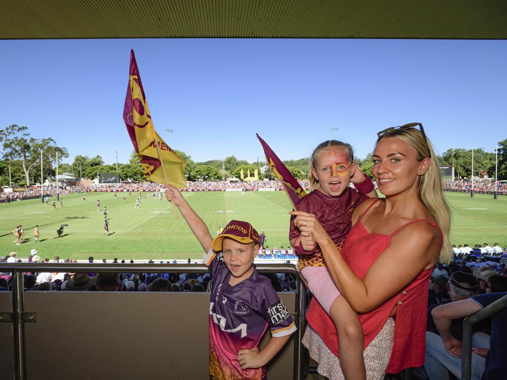 Amy Jenkins with her kids Max and Edie Jenkins at the NRL Pre-Season Challenge game between Broncos and Titans at Toowoomba Sports Ground, Sunday, February 16, 2025. Picture: Kevin Farmer