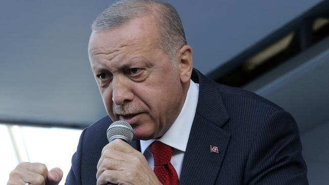 Turkey's President Recep Tayyip Erdogan addresses supporters at a rally in Kutahya. Picture: AP