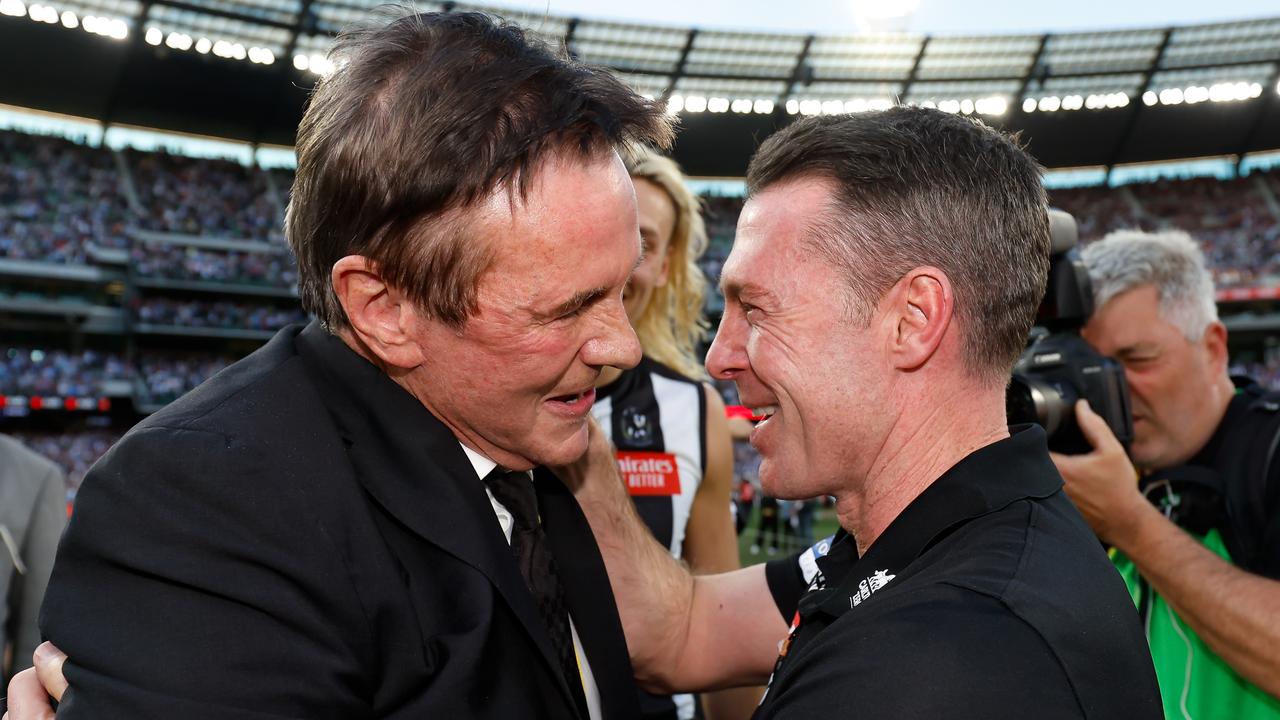 MELBOURNE, AUSTRALIA - SEPTEMBER 30: Jeff Browne, President of the Collingwood Magpies and Craig McRae, Senior Coach of the Magpies celebrate during the 2023 AFL Grand Final match between the Collingwood Magpies and the Brisbane Lions at the Melbourne Cricket Ground on September 30, 2023 in Melbourne, Australia. (Photo by Dylan Burns/AFL Photos via Getty Images)