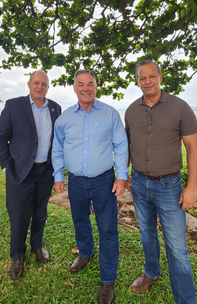 2023: Palm Island Aboriginal Shire Council CEO Michael Bissell, Townsville MP Scott Stewart and Palm Island Mayor Mislam Sam.