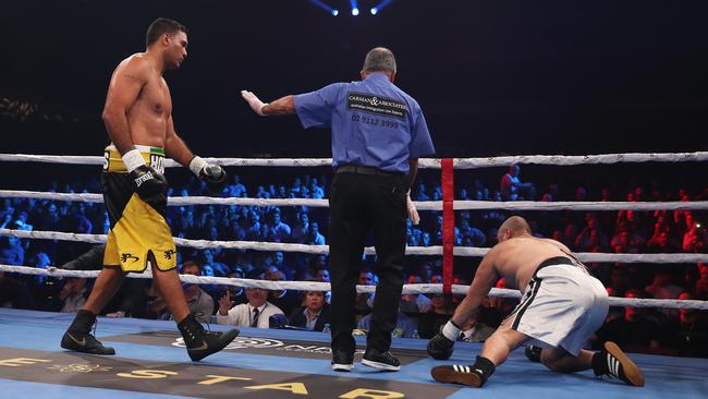 Justin Hodges v Troy McMahon during the undercard fight to the Tim Tszyu v Joel Camilleri Australian Super Welterweight title fight at The Star, Sydney. Picture: Brett Costello