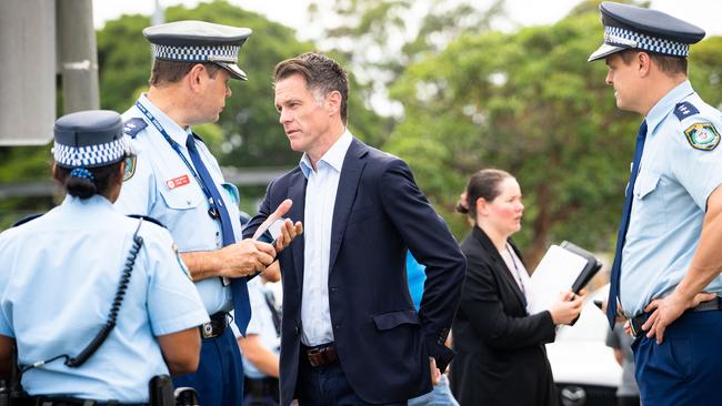 NSW Premier Chris Minns with police outside the at Southern Sydney Synagogue. Picture: Tom Parrish