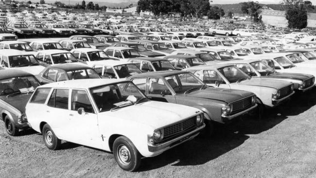 Cars stockpiled at Chrysler’s Tonsley plant in 1973.