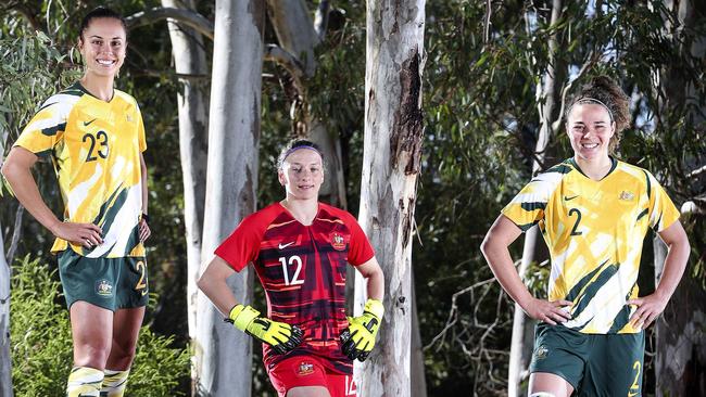 Matildas South Australian representatives Emma Checker, Sarah Willacy and Jenna McCormick. Picture: Sarah Reed