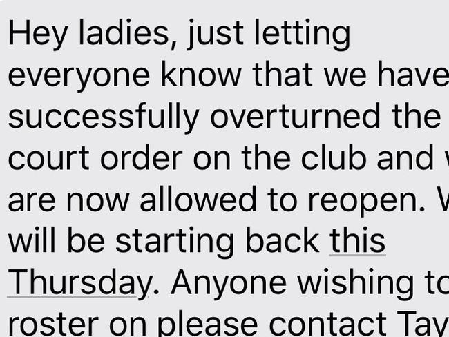 An excerpt of a text sent by Sin City management to former staff.