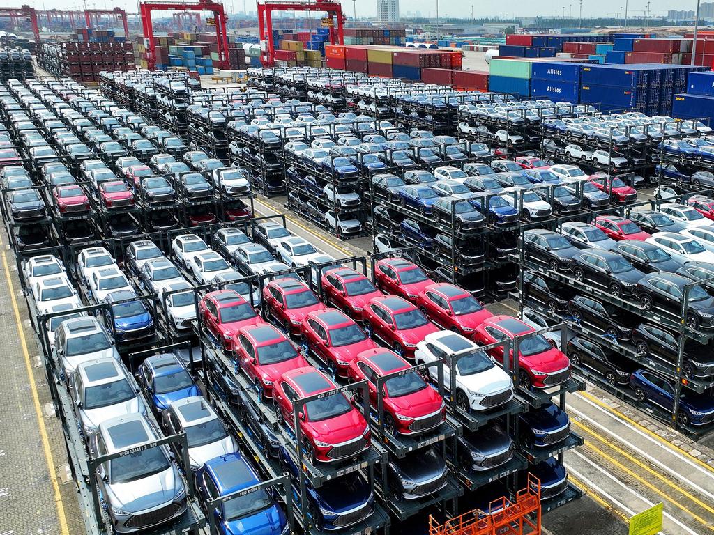 BYD electric cars waiting to be loaded on a ship at Suzhou Port, in China. Picture: AFP