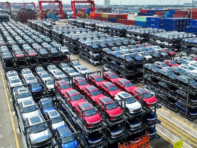 BYD electric cars waiting to be loaded on a ship at Suzhou Port, in China. Picture: AFP