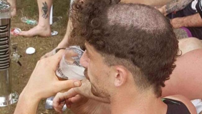 Tom Liberatore has a beer after he shaved his head at an AFL Asia match in October last year. Picture: Supplied