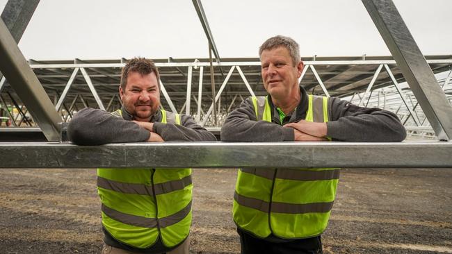 Warracknabeal growers Scott Somers and Paul Johns at the new QA Hay facility. Picture: Rachel Simmonds