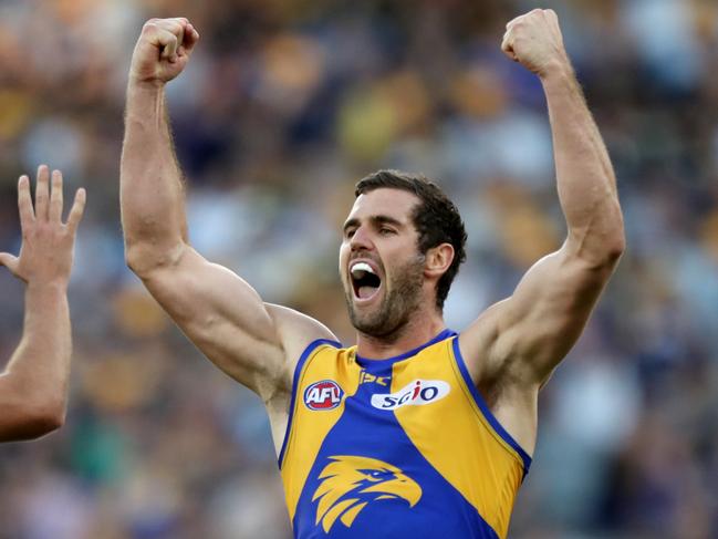 Jack Darling of the Eagles celebrates kicking a goal during the Round 9 AFL match between the West Coast Eagles and the Richmond Tigers at Optus Stadium in Perth, Sunday, May 20, 2018. (AAP Image/Richard Wainwright) NO ARCHIVING, EDITORIAL USE ONLY