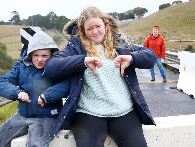 Julie Oataway is frustrated by the closure of the Pollocksford Rd bridge. It means she is cut off from her grandchildren Billy, 9, and Ebony, 12, who live in Bannockburn. Julie has to drive an extra 60 minutes to see them every week because of the bridge closure. Picture: Alan Barber