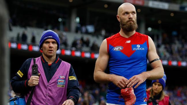MELBOURNE, AUSTRALIA - JUNE 13: Max Gawn of the Demons looks on during the 2022 AFL Round 13 match between the Collingwood Magpies and the Melbourne Demons at the Melbourne Cricket Ground on June 13, 2022 in Melbourne, Australia. (Photo by Dylan Burns/AFL Photos via Getty Images)