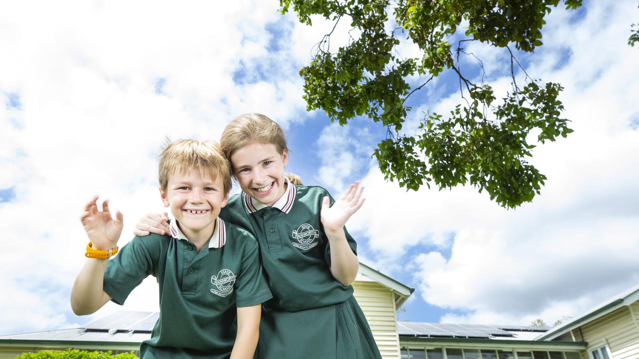 Rainworth State School first day at school for 2021. Siblings Andy (7) and Essie (10). Picture: Renae Droop