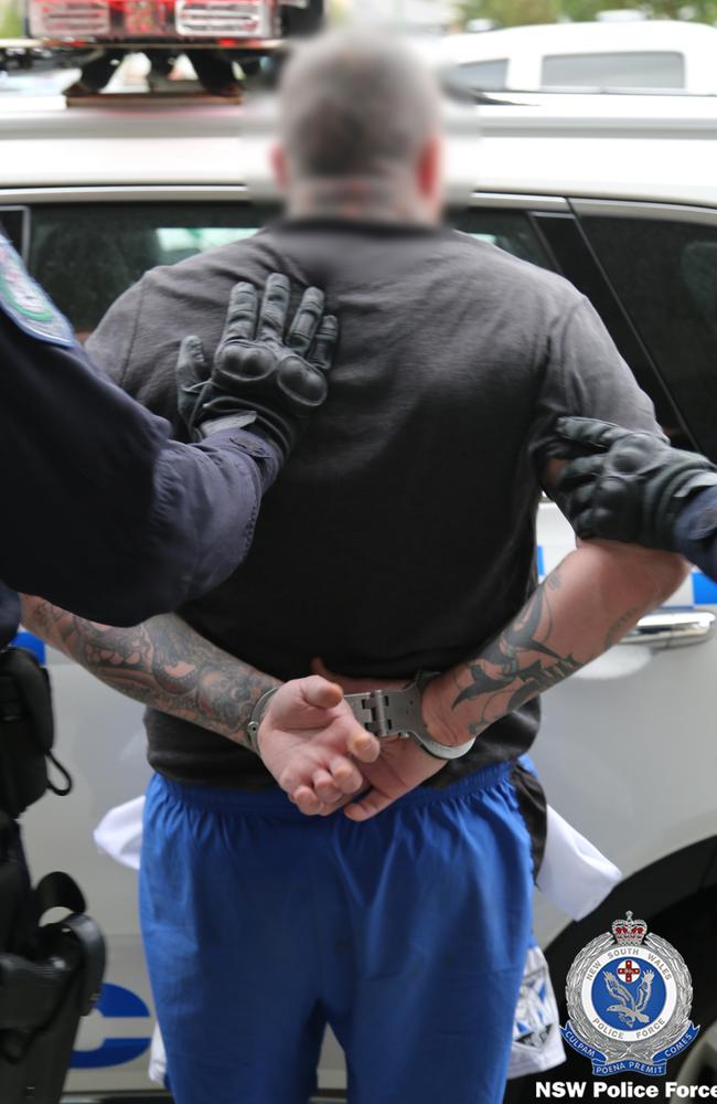 A member of the Newcastle chapter of the Rebels outlaw motorcycle gang arrested and charged over a large-scale drug supply syndicate in Newcastle and the Hunter Region. Picture: NSW Police