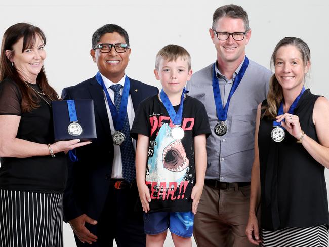 From left, Marie King (on behalf of winner Sam King), Professor Ajay Rane, Julian Hohnen 7, Dr Jeff Hooper and Nadine Biddle. Picture: Steve Pohlner/AAP