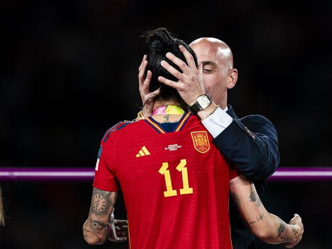 SYDNEY, AUSTRALIA - AUGUST 20: President of the Royal Spanish Football Federation Luis Rubiales (R) kisses Jennifer Hermoso of Spain (L) during the medal ceremony of FIFA Women's World Cup Australia & New Zealand 2023 Final match between Spain and England at Stadium Australia on August 20, 2023 in Sydney, Australia. (Photo by Noemi Llamas/Eurasia Sport Images/Getty Images)