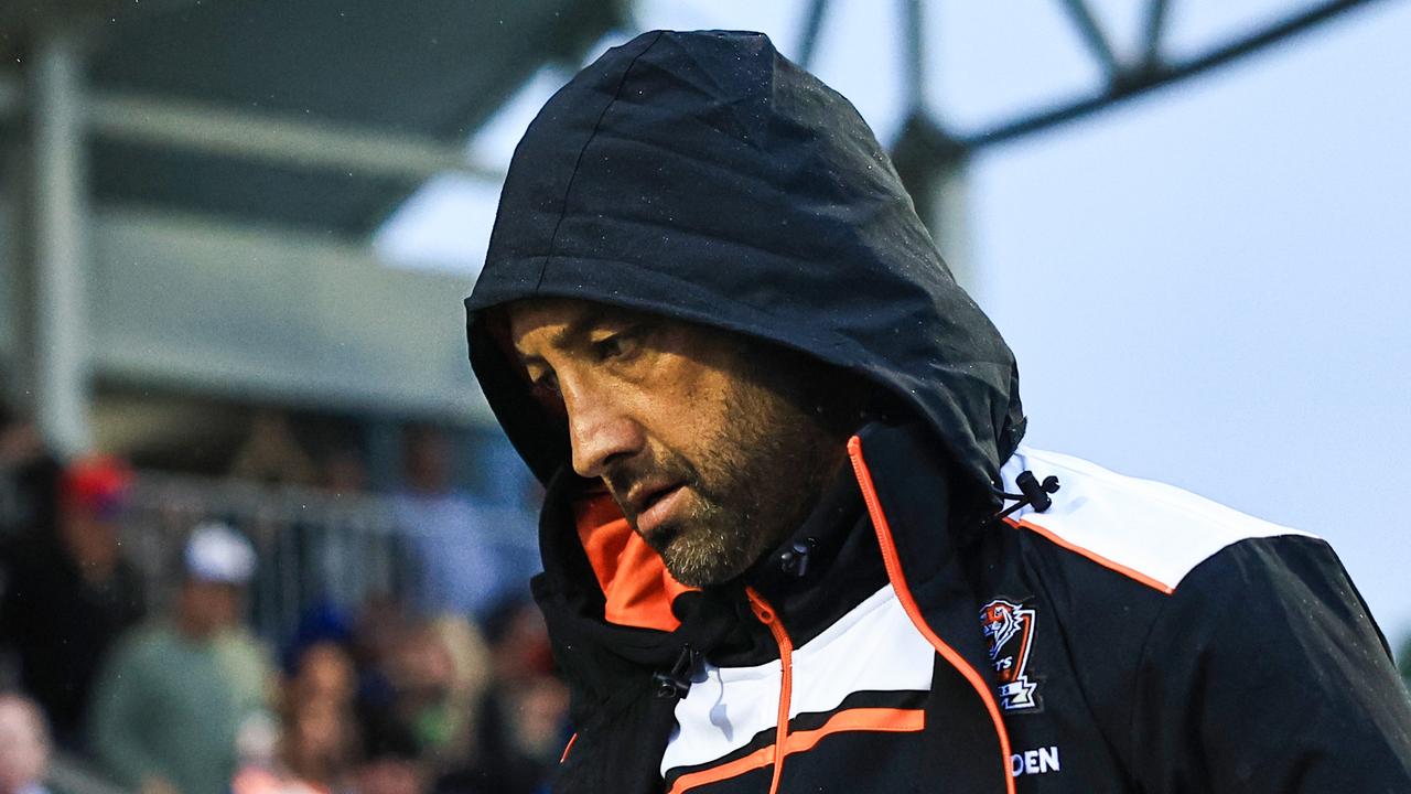 TAMWORTH, AUSTRALIA - MAY 11: Benji Marshall head coach of the Tigers walks off at the end of the game after their loss during the round 10 NRL match between Wests Tigers and Newcastle Knights at Scully Park, on May 11, 2024, in Tamworth, Australia. (Photo by Mark Evans/Getty Images)