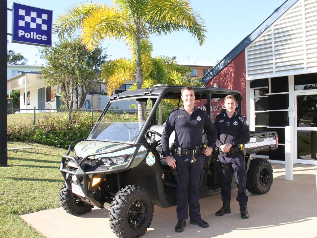 L to R : Constables Brendan Rodham and Karl Bruhn in Tannum Sands police station's new Can Am four-wheel drive ATV which is ready to hit the beaches and patrol the area.