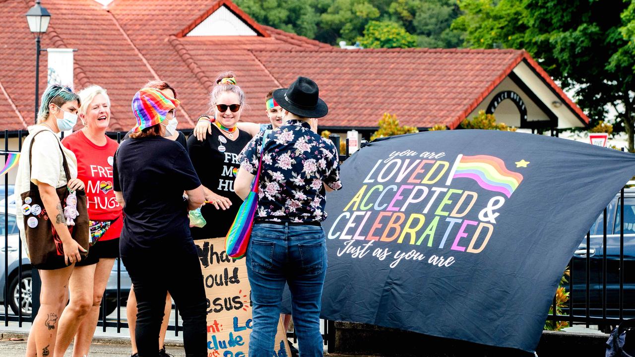 A crowd gathers to protest outside Citipointe Christian College, Carindale, in January 2022. Picture: Richard Walker