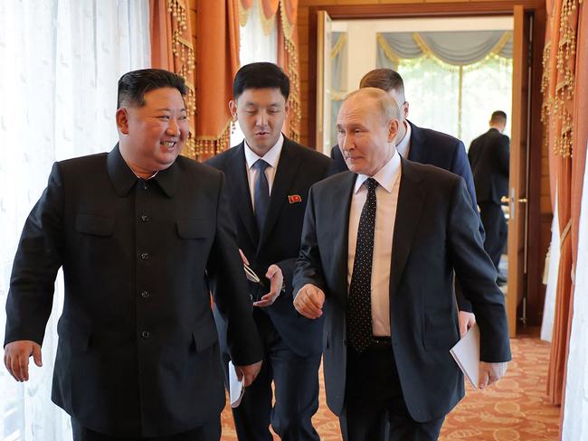 North Korea's leader Kim Jong Un chatting with Russia’s President Vladimir Putin after their bilateral meeting at the Kumsusan State Guesthouse in Pyongyang in June 2024. Picture: KCNA via KNS/AFP