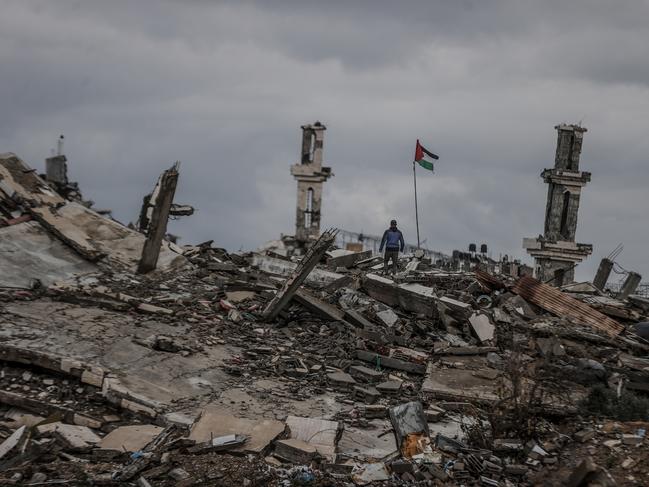 Citizens in the Sheikh Ajlin neighbourhood of Gaza City continue to live in makeshift tents amid the rubble of their houses that were destroyed by Israeli attacks. Picture: Ali Jadallah/Anadolu via Getty Images