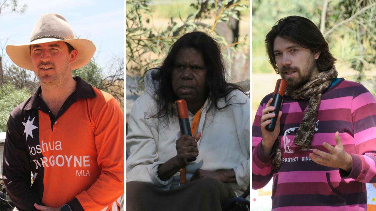 Water resources minister Josh Burgoyne, Ali Curung local Maureen Nampijinpa O’Keefe, and Arid Lands Environment Centre policy officer Alex Vaughan. Pictures: Gera Kazakov