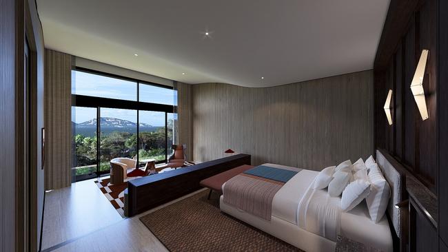 The proposed bedroom in the Saffire Freycinet multi-generational villa overlooking the Hazard mountain ranges.