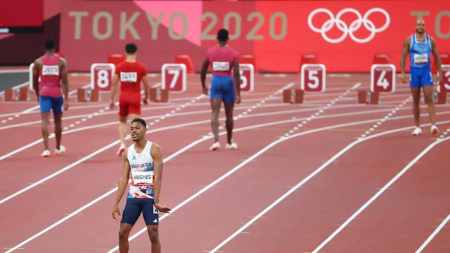 Zharnel Hughes of Great Britain reacts after being disqualified for a false start. (Photo by Abbie Parr/Getty Images)