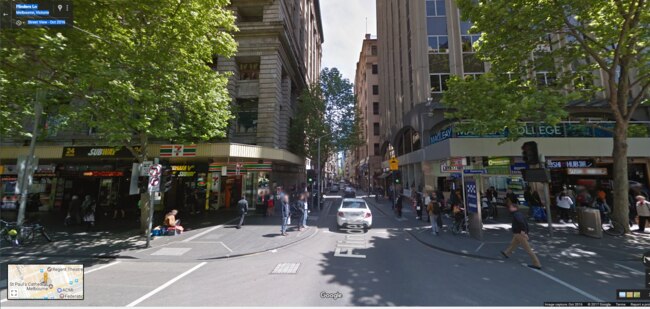 Flinders Lane, from Swanston St, as it appears today. Picture: Supplied/Google