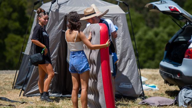 South Australians revellers pack up camp after the long journey. Picture: Jason Edwards