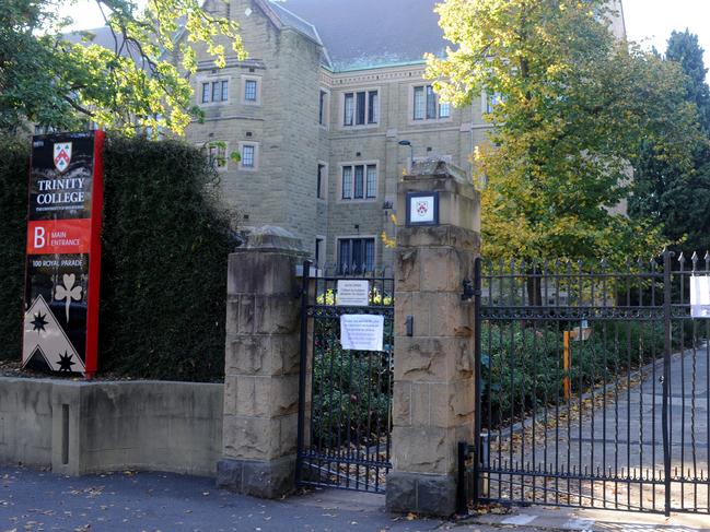 Trinity College, a residential college at the University of Melbourne, yesterday asked 24 students to leave campus following an unauthorised gathering in a common room on May 25, which breached government and College-mandated physical distancing rules. Picture: Andrew Henshaw