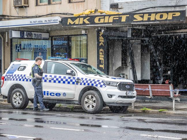 A crime scene has been established after a High Street, Preston tobacco shop was ravaged by flames overnight. Picture: Jake Nowakowski