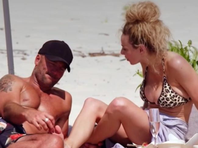 Mike Gunner and Heidi Latcham pictured arguing on the beach. Picture: Nine, Supplied