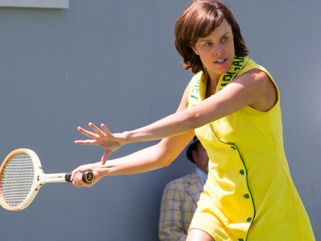 Australian actor Jessica McNamee as tennis player Margaret Court in a scene from film Battle of the Sexes