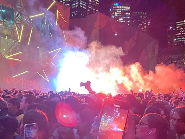 There were flares lit and strewn across Federation Square.