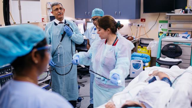 Dr Ahmad Alrubaie and the surgery team at Bankstown Hospital, about to perform double balloon enteroscopy on a patient.