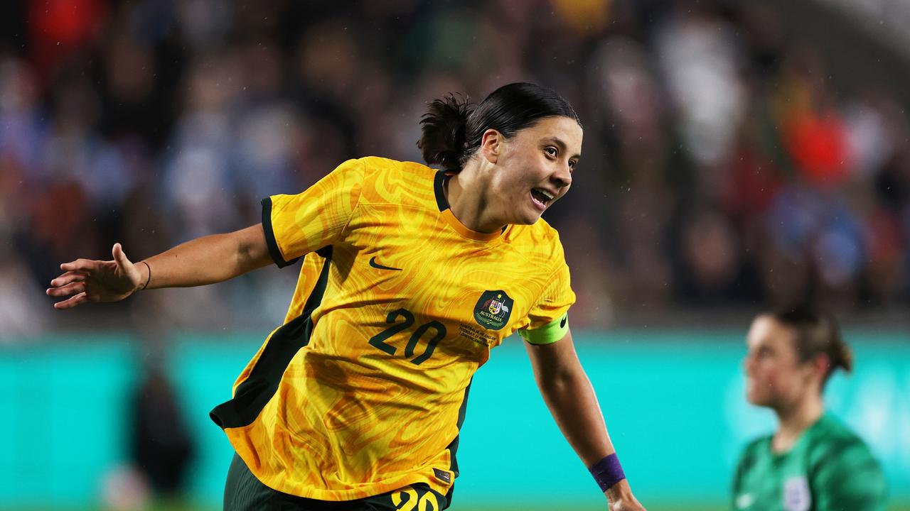 Sam Kerr celebrates after scoring the Matildas’ opening goal. Picture: Getty