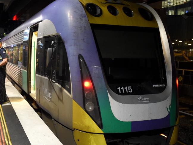 Unionists block a Geelong train from leaving Southern Cross Station. Picture: Jay Town