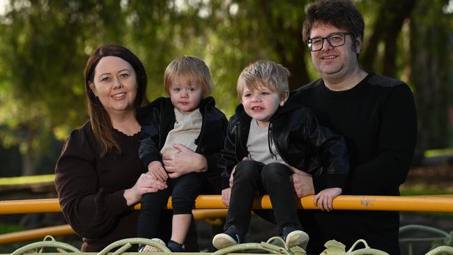 For the first time in their lives, Linda and Lee Howell, pictured with their children, baby Eli and Ezra, 4, are struggling to meet the rising cost of living. Picture: Naomi Jellicoe