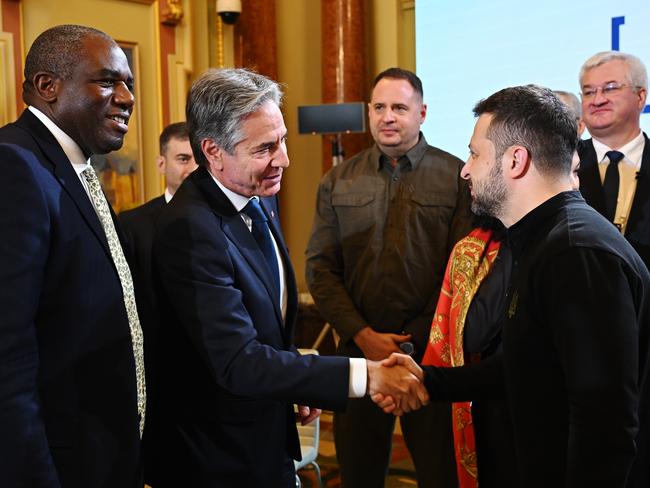 US Secretary of State Antony Blinken (C), shakes hands with President of Ukraine Volodymyr Zelensky (R) as UK Foreign Secretary David Lammy (L) in Kyiv, Ukraine. Picture: Getty Images