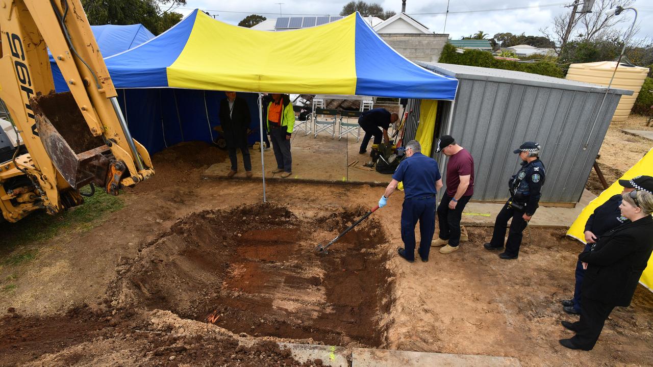 Police were digging up the backyard when Adams confessed and pointed out the location of his wife’s remains. Picture: AAP/David Mariuz