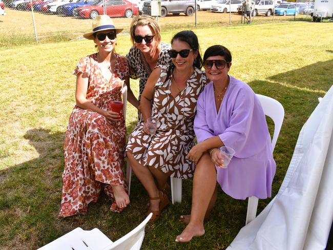 Miranda Smith, Brylie Bond, Julie Batey and Kay Spears having an action-packed day at the Ladbrokes Stony Creek Cup on Sunday, March 09, 2025. Picture: Jack Colantuono