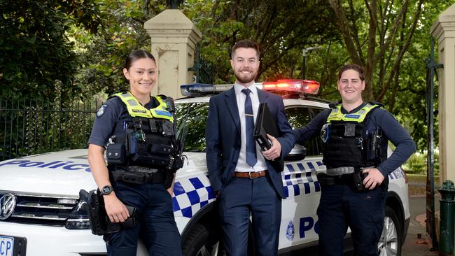 Senior Constable Harrison Brady (centre) with Constables Katie Walker and Theodore Heinjus. Picture: Andrew Henshaw