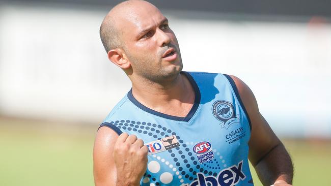 Matt Campbell in typical pose in his player-coach role with the Darwin Buffaloes. Picture: GLENN CAMPBELL