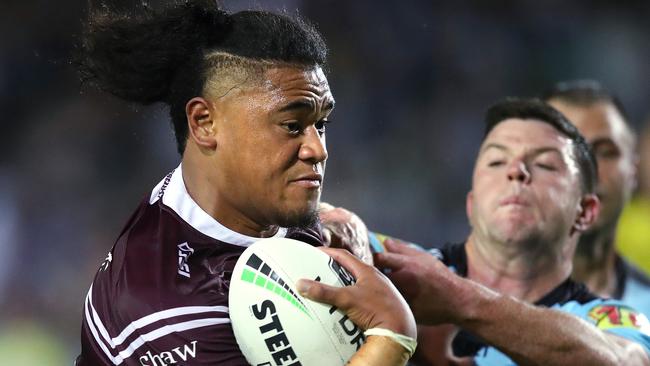 Manly's Moses Suli was nigh-on unstoppable against the Sharks at Lottoland. Picture. Phil Hillyard