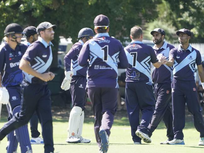 Buckley Ridges players celebrate a wicket. Picture: Valeriu Campan