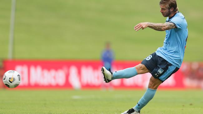Luke Brattan of Sydney FC scores a goal during the A-League match between the Wellington Phoenix and Sydney at WIN Stadium on Saturday. Picture: Mark Metcalfe/Getty Images